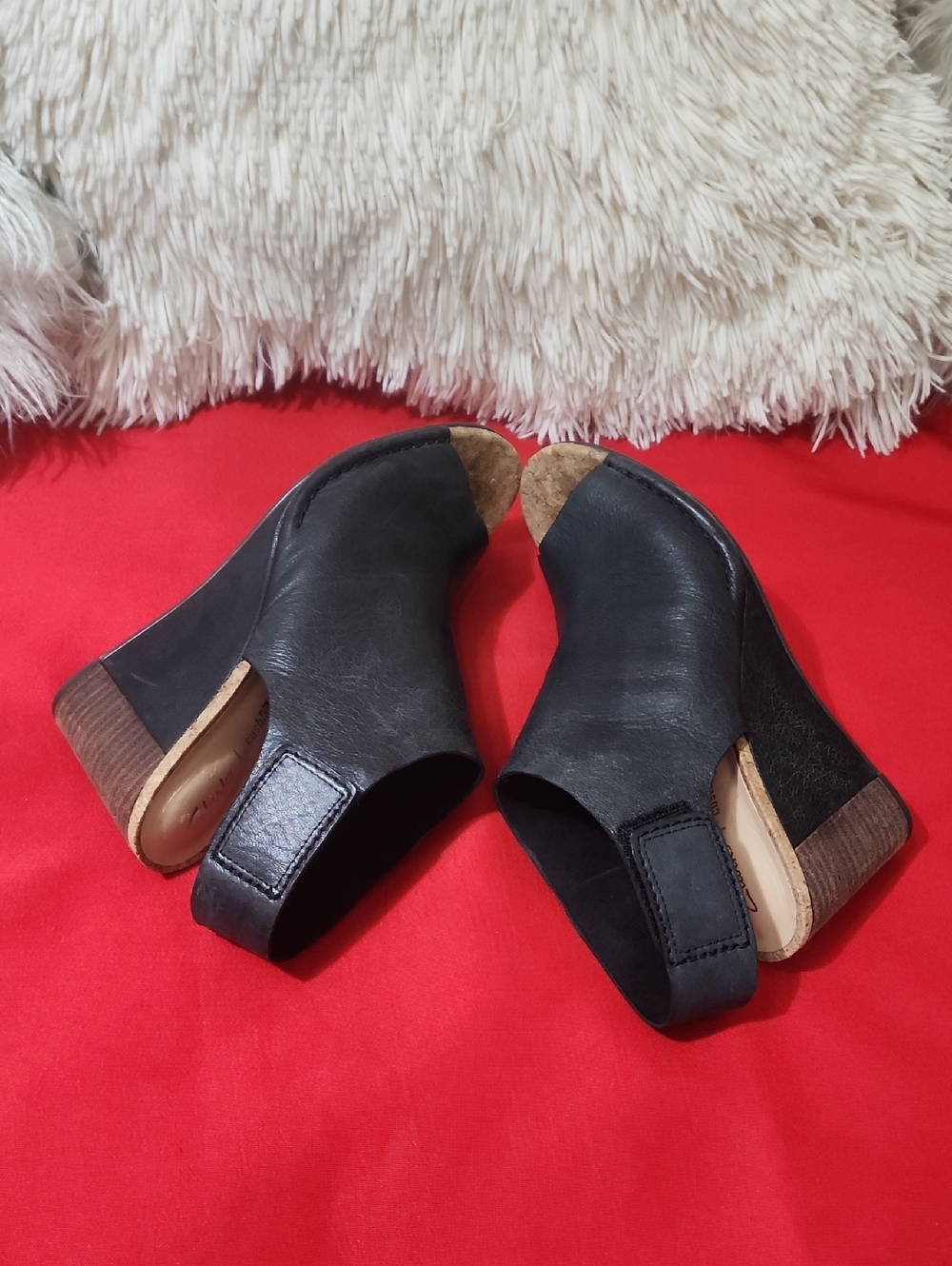 Clarks Cork Wedge Sandals Women Black Leather Peep Toe Ankle Strap - Picture 6 of 10